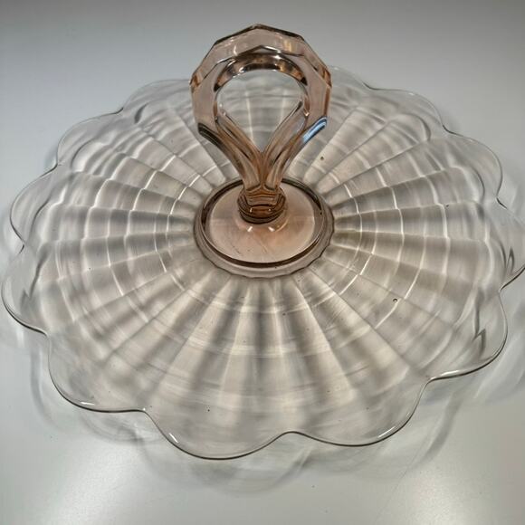 Vintage Pink Depression Glass Handled Tray 11" Scalloped Ribbed Platter - Picture 9 of 13
